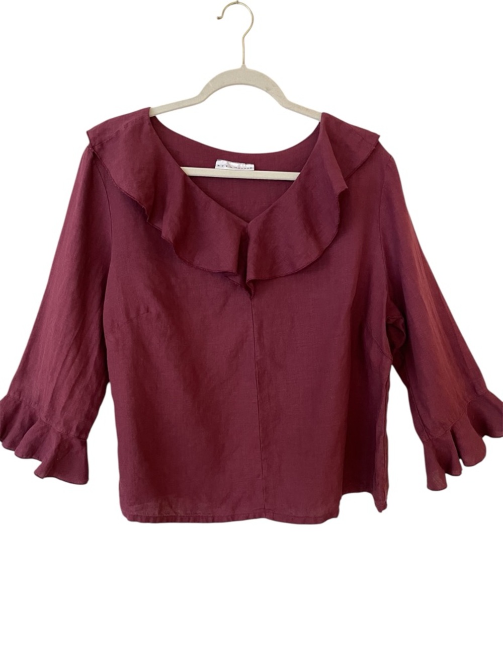 Bryn Walker 100% Linen Top Ruffle V-Neck XL Wine 3/4 Sleeve Feminine Lagenlook